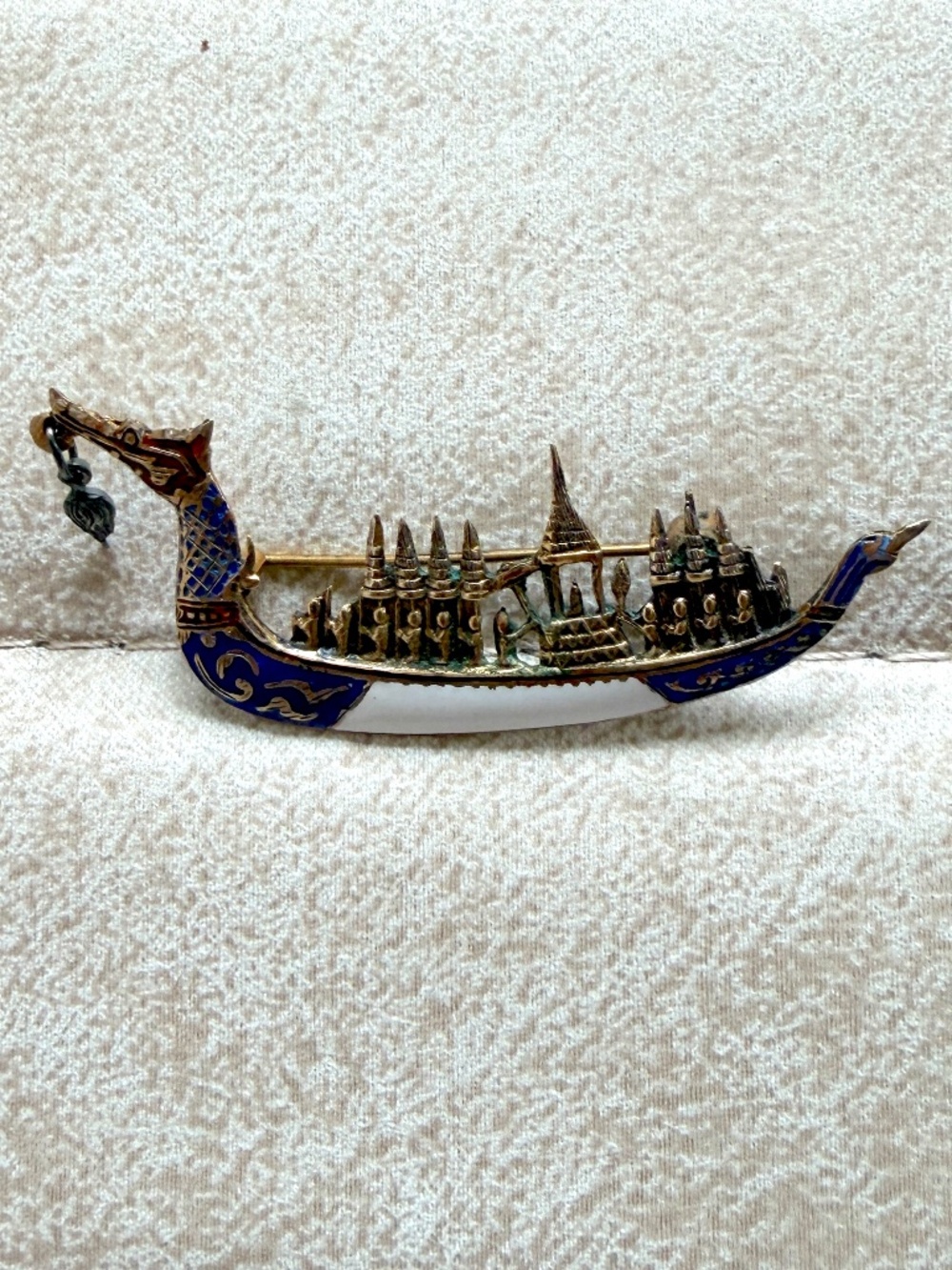 Vintage Mid-Century Siam Sterling Silver & Blue Enamel Royal Barge Brooch
